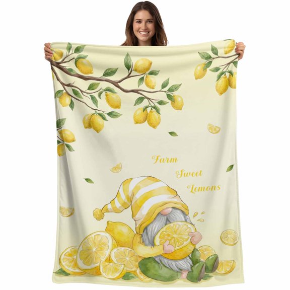 Throw Blanket Lemon Gnome Blankets and Throws, Yellow Summer Fruit Branches Blanket for Couch Bed Sofa Chair, Soft Cozy Warm Flannel Fleece Blankets for All Season Home Decor 40x50 Inch