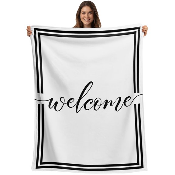Throw Blanket Letter Welcome Blankets and Throws, Minimalist White Stripes Blanket for Couch Bed Sofa Chair, Soft Cozy Warm Flannel Fleece Blankets for All Season Home Decor 40x50 Inch