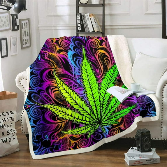 Throw Blanket Marijuana Weed Fleece Blanket Men Cannabis Leaf Sherpa Blanket for Sofa Couch Bed Trippy Marijuana Leaf Decor Plush Blanket Ultra Soft Kids Adults Fuzzy BlanketTwin 60"x80"