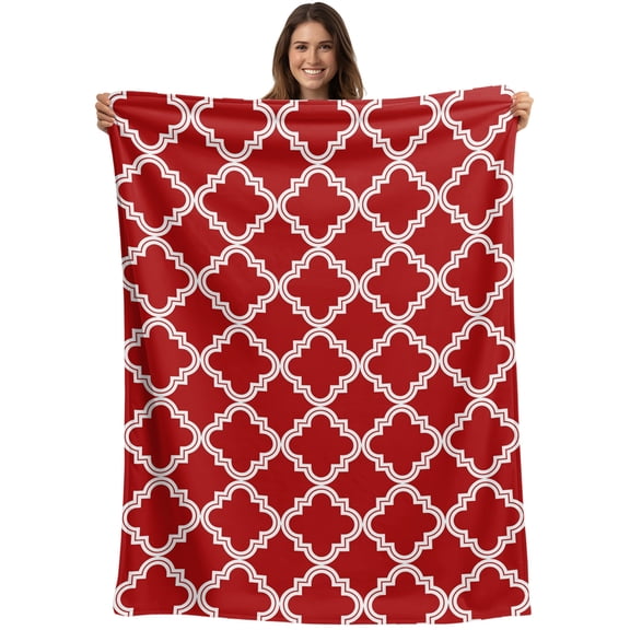 Throw Blanket Moroccan Pattern Blankets and Throws, Geometric Trellis Red Blanket for Couch Bed Sofa Chair, Soft Cozy Warm Flannel Fleece Blankets for All Season Home Decor 40x50 Inch