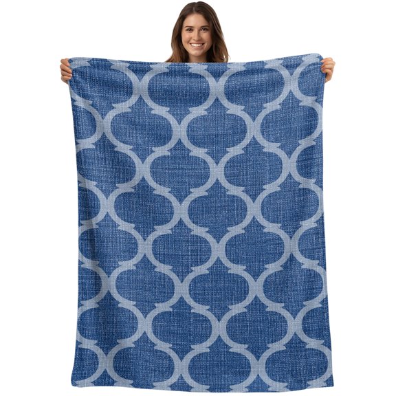 Throw Blanket Moroccan Texture Blankets and Throws, Retro Dark Blue Linen Blanket for Couch Bed Sofa Chair, Soft Cozy Warm Flannel Fleece Blankets for All Season Home Decor 40x50 Inch