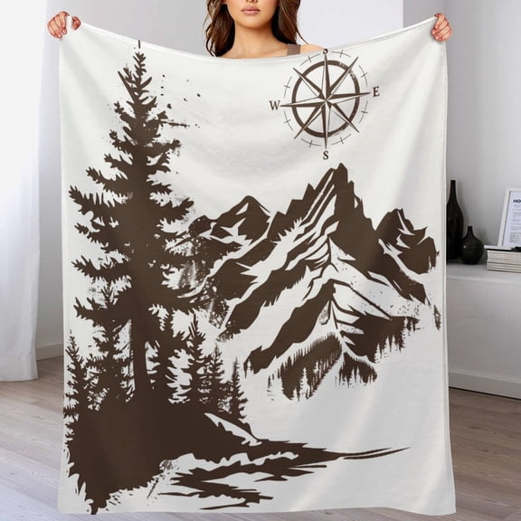 Throw Blanket Mountains with A Compass Velvet Flannel Blanket Mountains Outline Palm Tree Nature Travel Flannel Blanket for Home for Couch Bed Sofa for Kids Family And Friends Adults 60"x80"