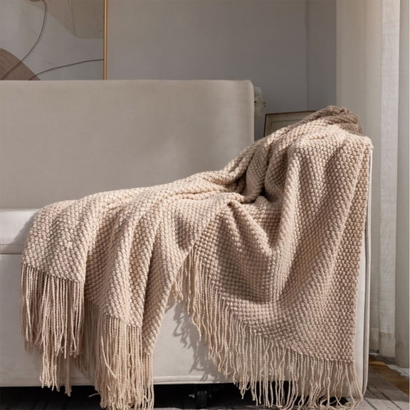 Throw Blanket,Nap Cover Fringed Acrylic Breathable Washable Home Textile,Sofa Decor Layer For Office Midday Rest Living Room Lounge Use(Beige)