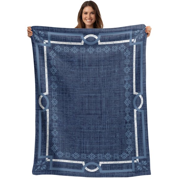 Throw Blanket Navy Blue Linen Border Blankets and Throws, Floral Lines Frame Blanket for Couch Bed Sofa Chair, Soft Cozy Warm Flannel Fleece Blankets for All Season Home Decor 40x50 Inch