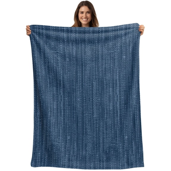 Throw Blanket Navy Blue Linen Weave Texture Blankets and Throws, Solid Color Blanket for Couch Bed Sofa Chair, Soft Cozy Warm Flannel Fleece Blankets for All Season Home Decor 30x40 Inch