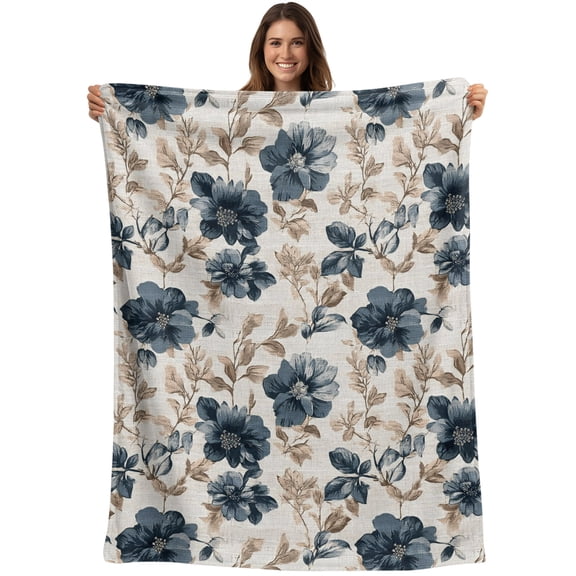 Throw Blanket Navy Blue Rose Bloom Blankets and Throws, Floral Leaves Branches Blanket for Couch Bed Sofa Chair, Soft Cozy Warm Flannel Fleece Blankets for All Season Home Decor 40x50 Inch