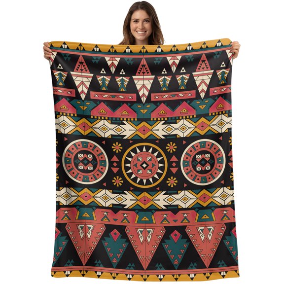 Throw Blanket Orange Aztec Boho Blankets and Throws, Tribal Geometric Pattern Blanket for Couch Bed Sofa Chair, Soft Cozy Warm Flannel Fleece Blankets for All Season Home Decor 50x60 Inch
