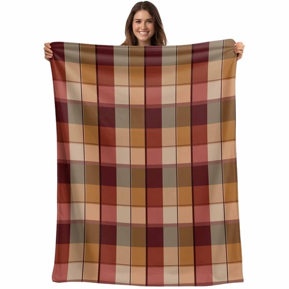 Throw Blanket Orange Buffalo Plaid Blankets and Throws, Red Orange Geometric Check Blanket for Couch Bed Sofa Chair, Soft Cozy Warm Flannel Fleece Blankets for All Season Home Decor 40x50 Inch