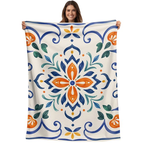 Throw Blanket Orange Mediterranean Flower Blankets and Throws, Blue Leaves Border Frame Blanket for Couch Bed Sofa Chair, Soft Cozy Warm Flannel Fleece Blankets for All Season Home Decor 30x40 Inch