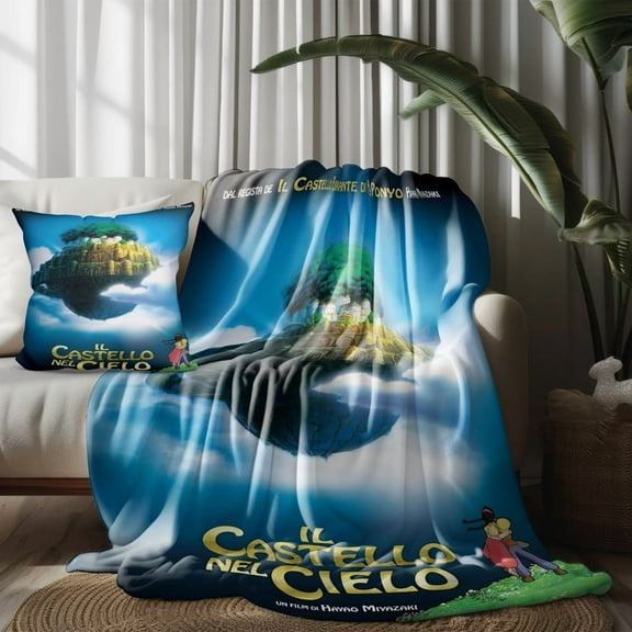 Throw Blanket and Pillowcase Set of 2，Laputa: Castle in the Sky Thin Bed Couch Decor Kids Adult Nap Micro Fleece Fuzzy Blankets Bedroom Car All Season Birthday Gifts 30×40 inch