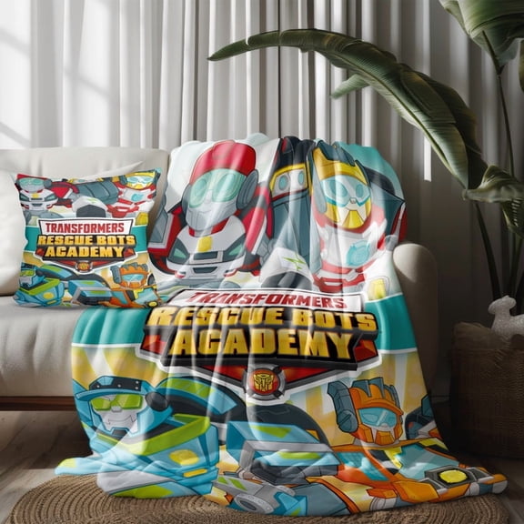 Throw Blanket and Pillowcase Set of 2,Transformers Rescue Bots Thin Bed Couch Decor Kids Adult Nap Micro Fleece Fuzzy Blankets Bedroom Car All Season Birthday Gifts 50×60 inch