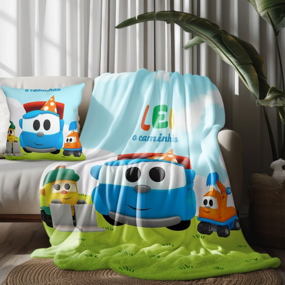 Throw Blanket and Pillowcase Set For Leo The Truck Thin Bed Couch Decor Kids Adult Nap Micro Fleece Fuzzy Blankets Bedroom Car All Season Birthday Gifts 30×40 inch
