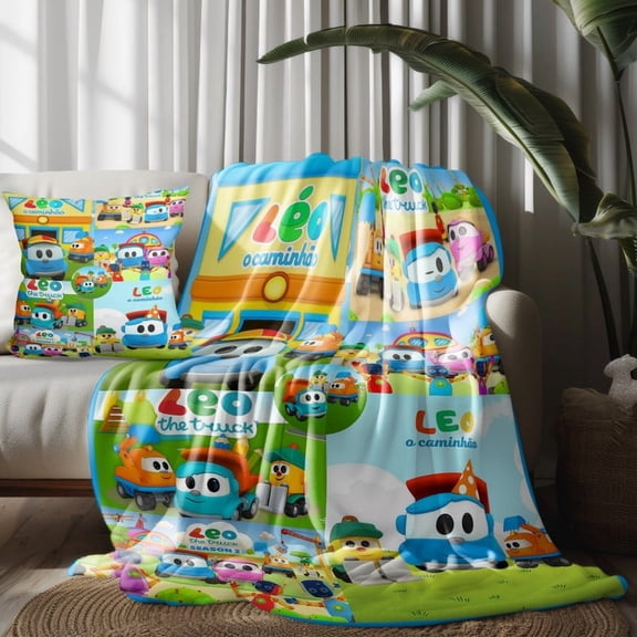 Throw Blanket and Pillowcase Set，Leo The Truck Thin Bed Couch Decor Kids Adult Nap Micro Fleece Fuzzy Blankets Bedroom Car All Season Birthday Gifts 40×50 inch