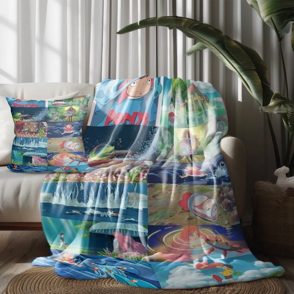 Throw Blanket and Pillowcase Set For Ponyo Thin Bed Couch Decor Kids Adult Nap Micro Fleece Fuzzy Blankets Bedroom Car All Season Birthday Gifts 30×40 inch