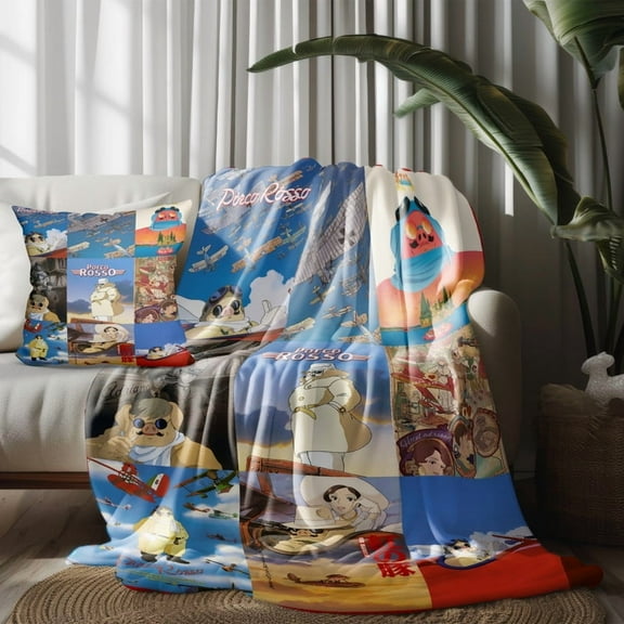 Throw Blanket and Pillowcase Set For Porco Rosso Thin Bed Couch Decor Kids Adult Nap Micro Fleece Fuzzy Blankets Bedroom Car All Season Birthday Gifts 30×40 inch