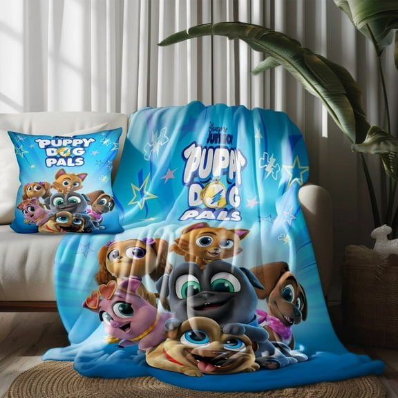 Throw Blanket and Pillowcase Set For Puppy Dog Pals Thin Bed Couch Decor Kids Adult Nap Micro Fleece Fuzzy Blankets Bedroom Car All Season Birthday Gifts 30×40 inch