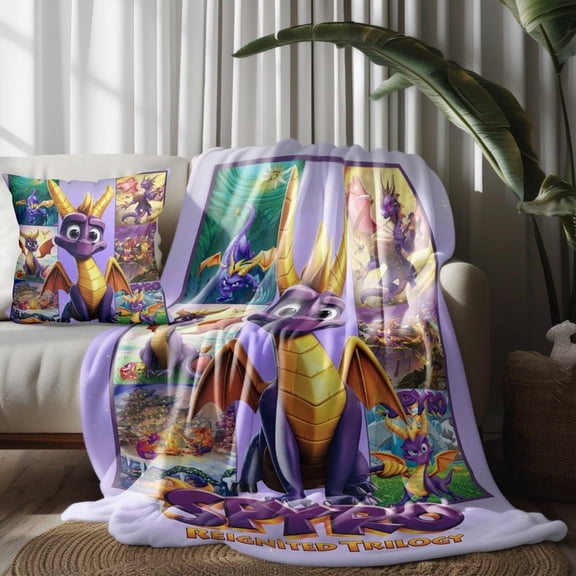 Throw Blanket and Pillowcase Set For Spyro the Dragon Thin Bed Couch Decor Kids Adult Nap Micro Fleece Fuzzy Blankets Bedroom Car All Season Birthday Gifts 40×50 inch