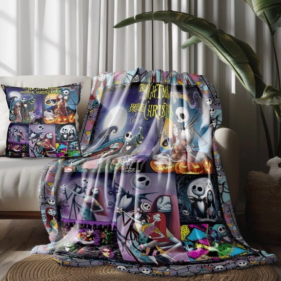 Throw Blanket and Pillowcase Set,The Nightmare Before Christmas Thin Bed Couch Decor Kids Adult Nap Micro Fleece Fuzzy Blankets Bedroom Car All Season Birthday Gifts 30×40 inch