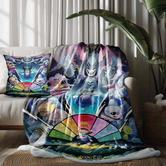 Throw Blanket and Pillowcase Set For Undertale Thin Bed Couch Decor Kids Adult Nap Micro Fleece Fuzzy Blankets Bedroom Car All Season Birthday Gifts 50×60 inch