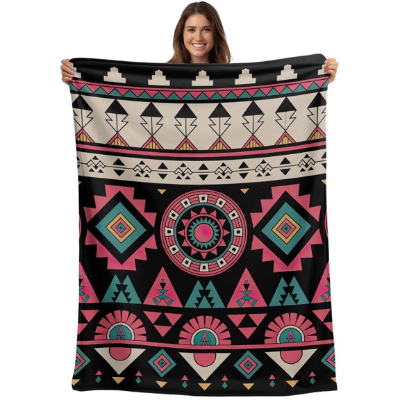 Throw Blanket Pink Aztec Boho Blankets and Throws, Tribal Geometric Pattern Blanket for Couch Bed Sofa Chair, Soft Cozy Warm Flannel Fleece Blankets for All Season Home Decor 40x50 Inch