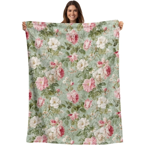 Throw Blanket Pink Bloom Flowers Blankets and Throws, Retro Spring Floral Blanket for Couch Bed Sofa Chair, Soft Cozy Warm Flannel Fleece Blankets for All Season Home Decor 40x50 Inch