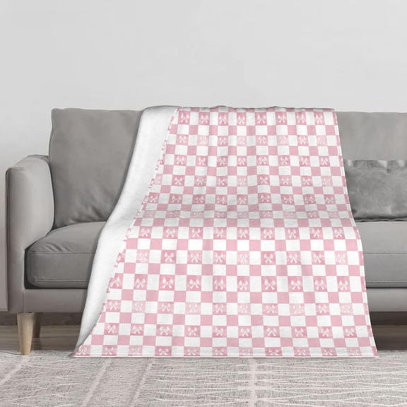 Throw Blanket Pink Check Bow Pattern Bed 50 x 60 Inch Soft Lightweight Fluffy Warm for Sofa Couch All Seasons Cozy Cover Quilt