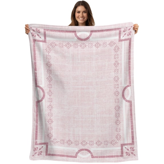 Throw Blanket Pink Linen Border Blankets and Throws, Floral Lines Frame Blanket for Couch Bed Sofa Chair, Soft Cozy Warm Flannel Fleece Blankets for All Season Home Decor 40x50 Inch