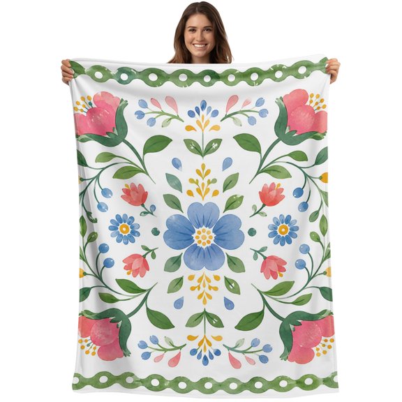 Throw Blanket Pink Peony Blankets and Throws, Blue Wildflowers Green Leaves Vines Blanket for Couch Bed Sofa Chair, Soft Cozy Warm Flannel Fleece Blankets for All Season Home Decor 30x40 Inch