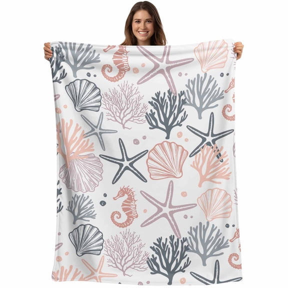 Throw Blanket Pink Starfish Blankets and Throws, Shell Coral Marine Life Blanket for Couch Bed Sofa Chair, Soft Cozy Warm Flannel Fleece Blankets for All Season Home Decor 40x50 Inch