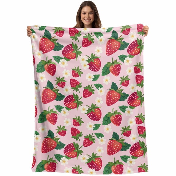 Throw Blanket Pink Strawberry Blankets and Throws, Cute Floral Fruit Blanket for Couch Bed Sofa Chair, Soft Cozy Warm Flannel Fleece Blankets for All Season Home Decor 40x50 Inch