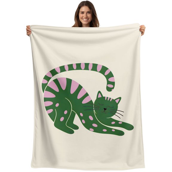 Throw Blanket Pink Stripes Green Cat Blankets and Throws, Cute Pet Blanket for Couch Bed Sofa Chair, Soft Cozy Warm Flannel Fleece Blankets for All Season Home Decor 30x40 Inch