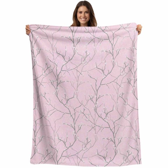 Throw Blanket Pink Vines Blankets and Throws, Flowers Leaves Tree Branches Blanket for Couch Bed Sofa Chair, Soft Cozy Warm Flannel Fleece Blankets for All Season Home Decor 40x50 Inch