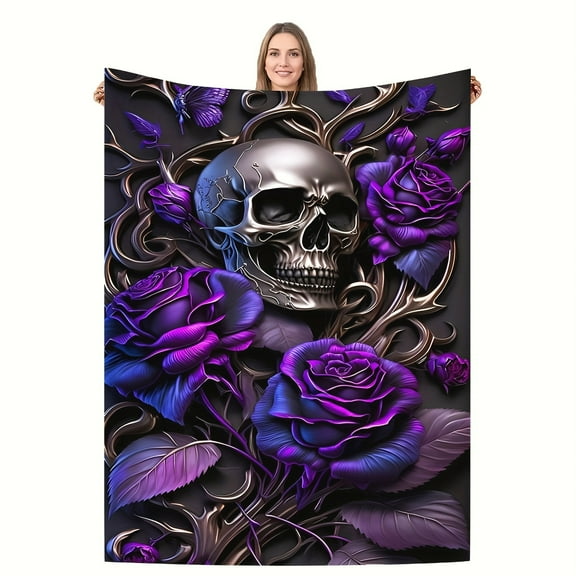 Throw Blanket Purple Rose And Skull Printed Blanket Warm Cozy Soft Blankets For Couch Bed Sofa Car Office Camping Travelling, Valentine's Day Gift Blanket Suitable For All Seasons For Halloween