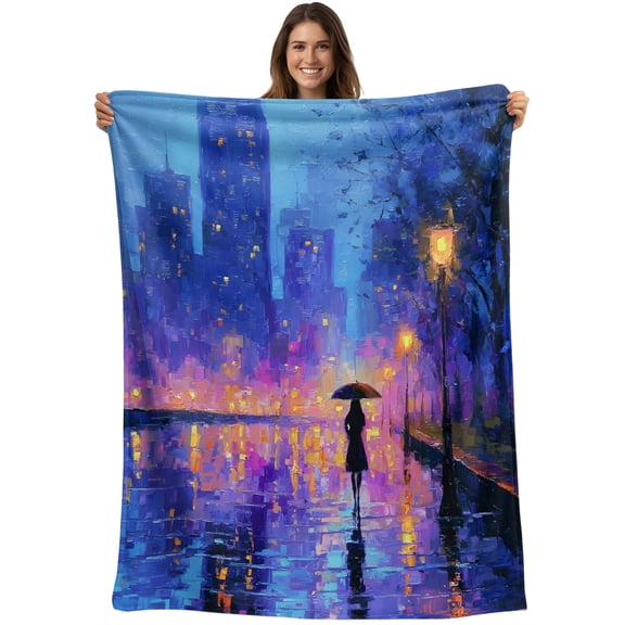 Throw Blanket Rainy Night Walk Blankets and Throws, Streetlight Impressionist Blanket for Couch Bed Sofa Chair, Soft Cozy Warm Flannel Fleece Blankets for All Season Home Decor 40x50 Inch