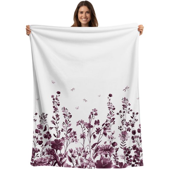 Throw Blanket Red Floral Blankets and Throws, Watercolor Flower Dragonfly Blanket for Couch Bed Sofa Chair, Soft Cozy Warm Flannel Fleece Blankets for All Season Home Decor 40x50 Inch