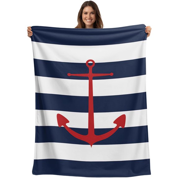 Throw Blanket Red Nautical Anchor Chain Blankets and Throws, Blue and White Stripes Blanket for Couch Bed Sofa Chair, Soft Cozy Warm Flannel Fleece Blankets for All Season Home Decor 40x50 Inch
