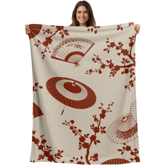 Throw Blanket Red Paper Fan Blankets and Throws, Cherry Blossom Branch Japanese Style Blanket for Couch Bed Sofa Chair, Soft Cozy Warm Flannel Fleece Blankets for All Season Home Decor 40x50 Inch