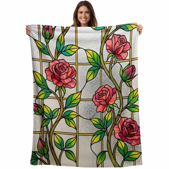 Throw Blanket Red Roses Vines Blankets and Throws, Floral Branches Stained Glass Blanket for Couch Bed Sofa Chair, Soft Cozy Warm Flannel Fleece Blankets for All Season Home Decor 50x60 Inch