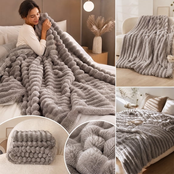 Throw Blanket Ribbed Striped Plush 47x83 Inches Washable for Couch Sofa Bed