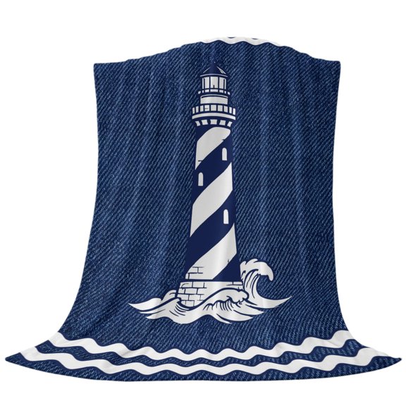 Throw Blanket Rustic Nautical Lighthouse Blue,Warm Soft Lightweight Flannel Fleece Blankets Classic Denim Marine Theme,Microfiber Throws for Bed Sofa Couch Camping All Seasons Use 30x40In