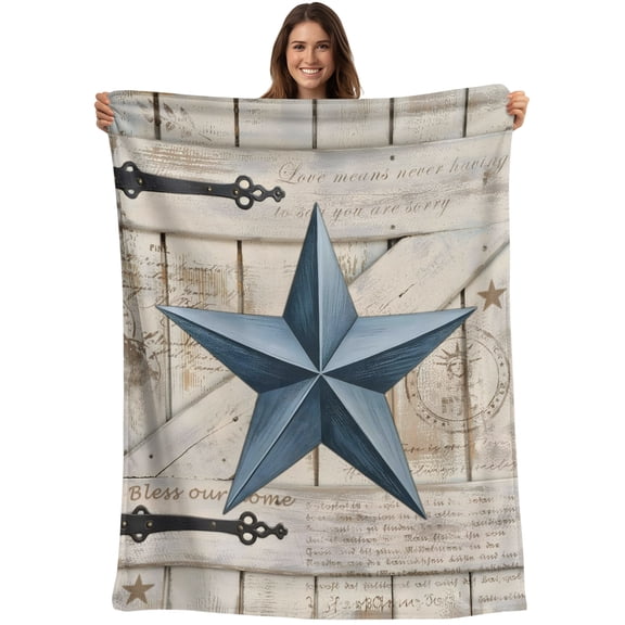 Throw Blanket Rusty Barn Star Doors Blankets and Throws, Blue Retro Rustic Walls Blanket for Couch Bed Sofa Chair, Soft Cozy Warm Flannel Fleece Blankets for All Season Home Decor 40x50 Inch