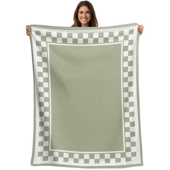 Throw Blanket Sage Green Squares Blankets and Throws, Modern Block Checkered Border Blanket for Couch Bed Sofa Chair, Soft Cozy Warm Flannel Fleece Blankets for All Season Home Decor 40x50 Inch