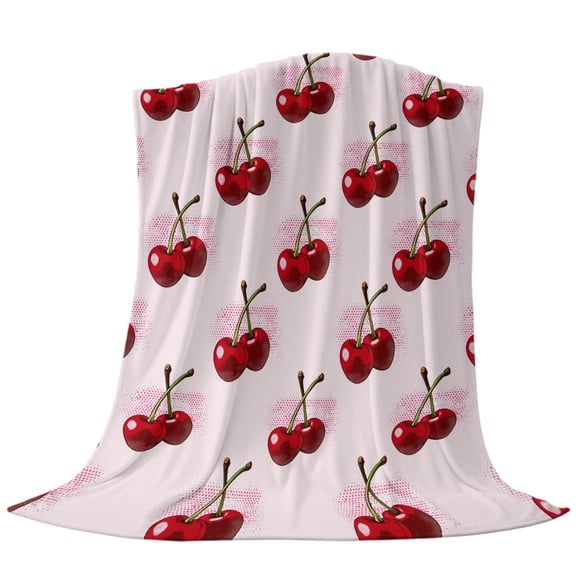 Throw Blanket Seamless Red Cherry on Pink,Warm Soft Lightweight Flannel Fleece Blankets Farm Watercolor Fruit Art,Microfiber Throws for Bed Sofa Couch Camping All Seasons Use 30x40In