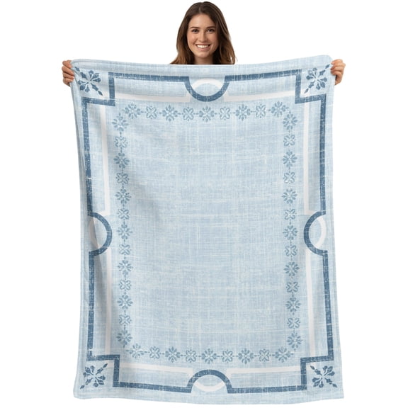 Throw Blanket Sky Blue Linen Border Blankets and Throws, Floral Lines Frame Blanket for Couch Bed Sofa Chair, Soft Cozy Warm Flannel Fleece Blankets for All Season Home Decor 40x50 Inch