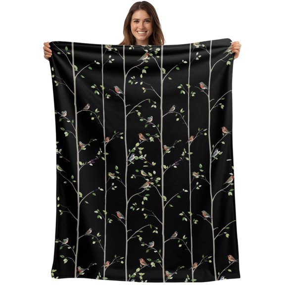 Throw Blanket Sparrows Blankets and Throws, Bird Green Leaves Branches Black Blanket for Couch Bed Sofa Chair, Soft Cozy Warm Flannel Fleece Blankets for All Season Home Decor 40x50 Inch
