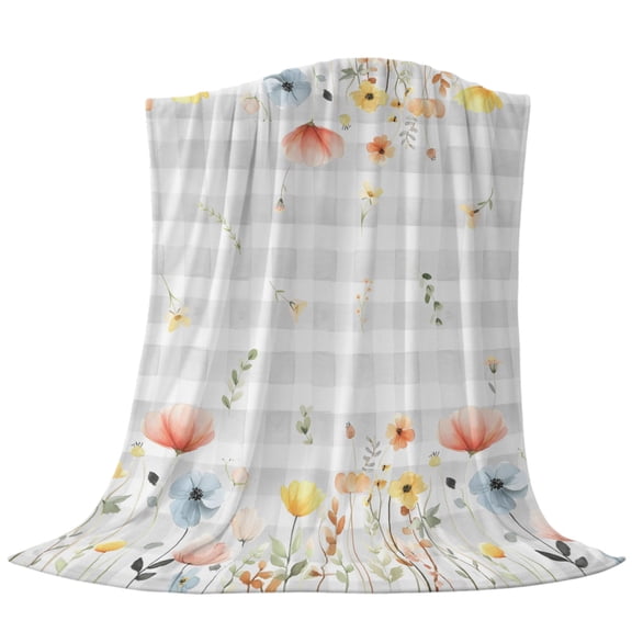 Throw Blanket Spring Floral Leaves Gray Gingham,Warm Soft Lightweight Flannel Fleece Blankets Farm Flower Watercolor,Microfiber Throws for Bed Sofa Couch Camping All Seasons Use 30x40In
