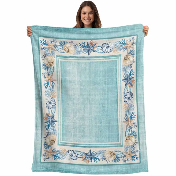 Throw Blanket Starfish Shell Frame Blankets and Throws, Aqua Coastal Coral Blanket for Couch Bed Sofa Chair, Soft Cozy Warm Flannel Fleece Blankets for All Season Home Decor 40x50 Inch