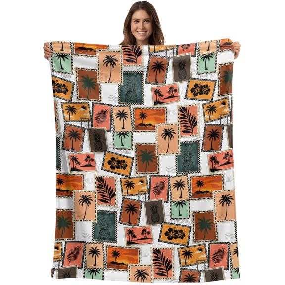 Throw Blanket Summer Beach Palm Tree Blankets and Throws, Tropical Orange Sunset Stamp Blanket for Couch Bed Sofa Chair, Soft Cozy Warm Flannel Fleece Blankets for All Season Home Decor 40x50 Inch