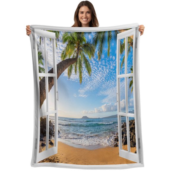 Throw Blanket Summer Beach Window View Blankets and Throws, Tropical Palm Tree Blanket for Couch Bed Sofa Chair, Soft Cozy Warm Flannel Fleece Blankets for All Season Home Decor 30x40 Inch