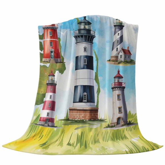 Throw Blanket Summer Coastal Nautical Lighthouse,Warm Soft Lightweight Flannel Fleece Blankets Ocean Beach Theme,Microfiber Throws for Bed Sofa Couch Camping All Seasons Use 30x40In